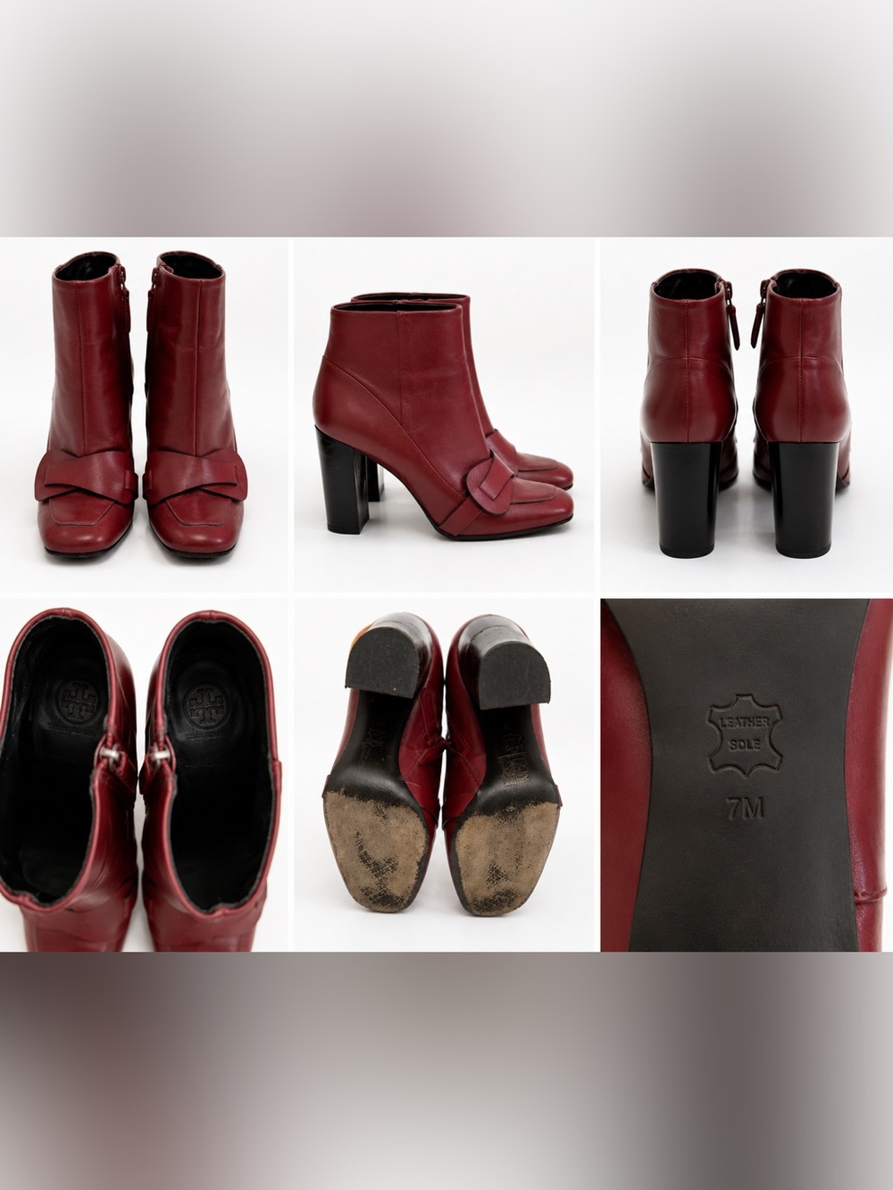 Tory Burch Wine Red Leather Block Heel Ankle Boots